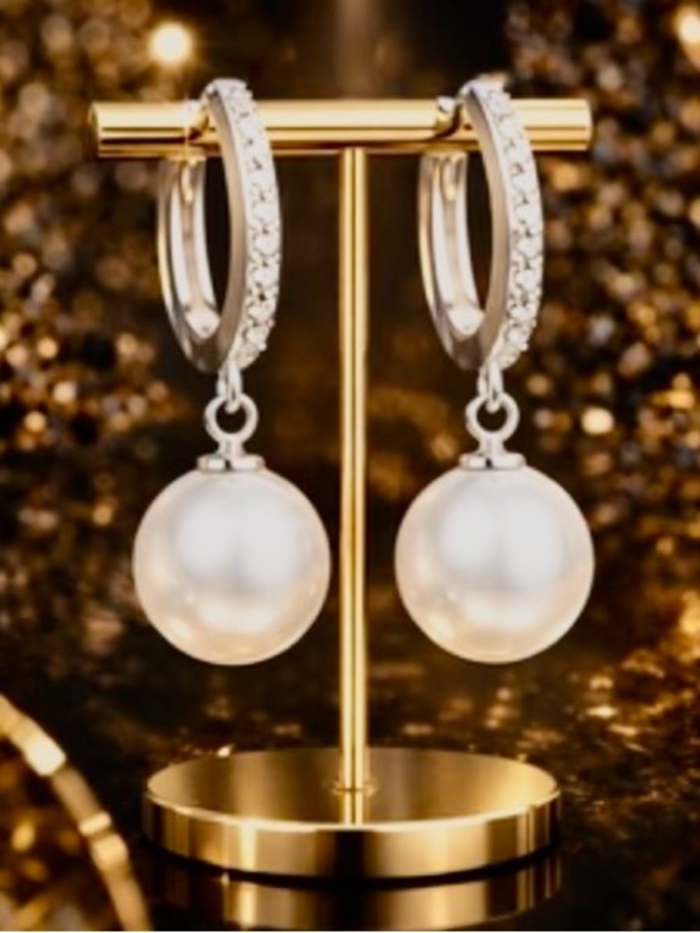Elegant White Pearl Drop Hoop Earrings - Silver Tone